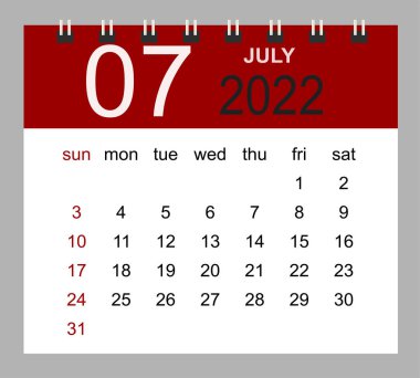 Temmuz 2022. Şablon tasarımı için 2022 yıllık vektör takvimi şablonu. Hafta Pazar 'dan itibaren başlıyor.