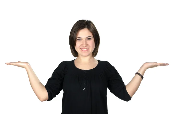 Portrait of young woman showing your product — Stock Photo, Image