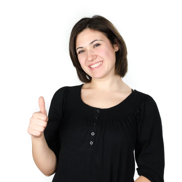 Portrait of young woman showing her thumbs up — Stock Photo, Image