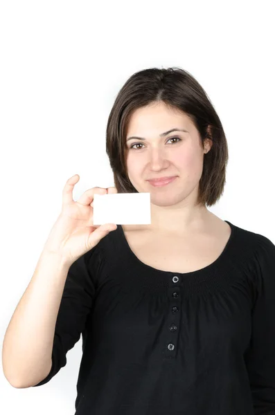 Portrait of young woman showing a business card — Stock Photo, Image