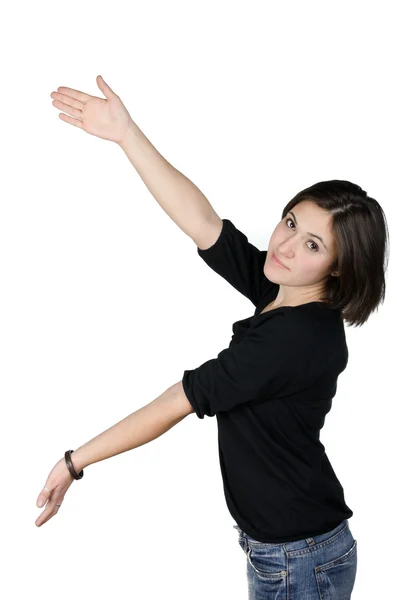 Portrait of young woman showing your product — Stock Photo, Image