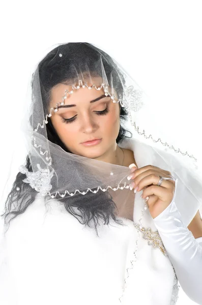 Szép Félénk menyasszony, fátyol portréja — Stock Fotó