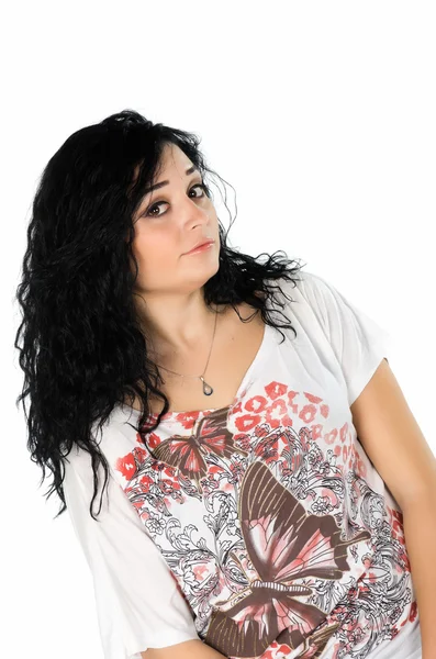 Portrait of young woman with black hair posing — Stock Photo, Image