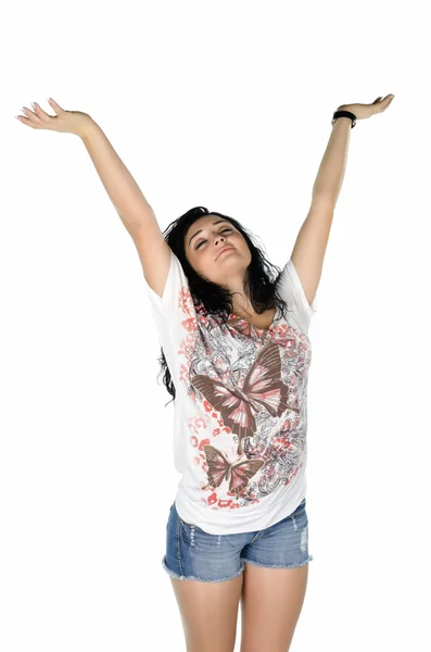 Portrait of young woman with hands up — Stock Photo, Image