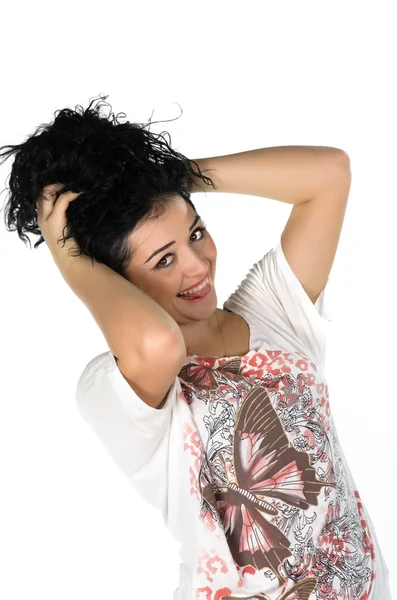 Retrato de mulher jovem com o cabelo empilhado em cima da cabeça — Fotografia de Stock
