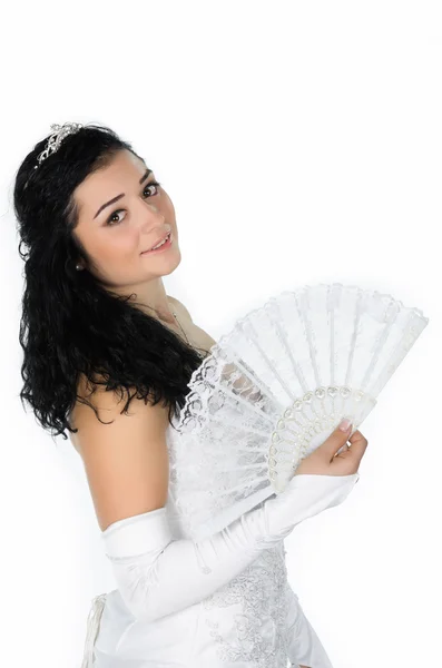 Bella sposa con ventilatore bianco — Foto Stock