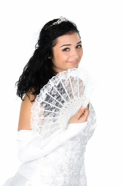 Gyönyörű menyasszony fehér ventilátorral — Stock Fotó