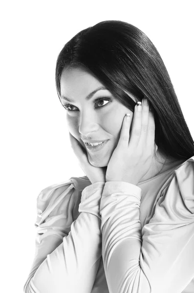 Beautiful brunette with hands to her face — Stock Photo, Image