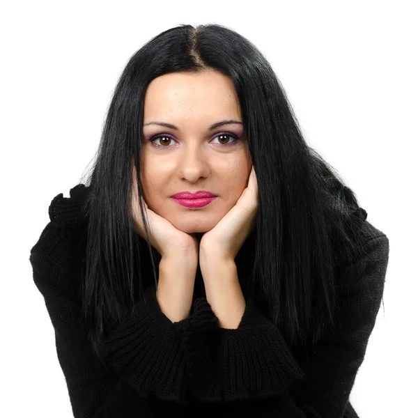 Beautiful brunette posing with both hands to her chin — Stock Photo, Image