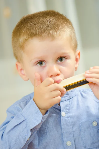 Beautiful child playing the harmonica — Stock Photo, Image