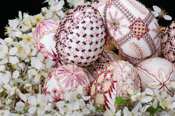 Cesta con huevos pintados de Pascua y flores de ciruela y cereza —  Fotos de Stock