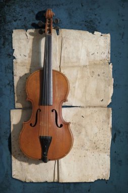 Duvarda asılı eski, paslı bir keman