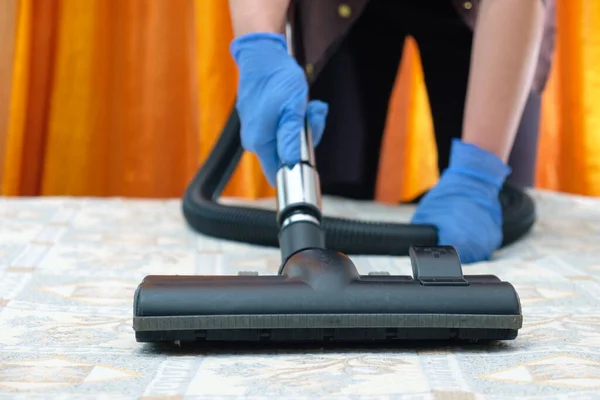 Hands Blue Gloves Cleaning Soft Surface Vacuum Cleaner Selective Focus — Stock Photo, Image