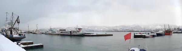 Paisaje Invernal Panorámico Del Puerto Marítimo Con Embarcaciones Cubiertas Nieve — Foto de Stock