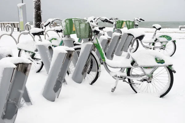 在冬季 自行车停放在海滨 一排排被雪覆盖的自行车 — 图库照片
