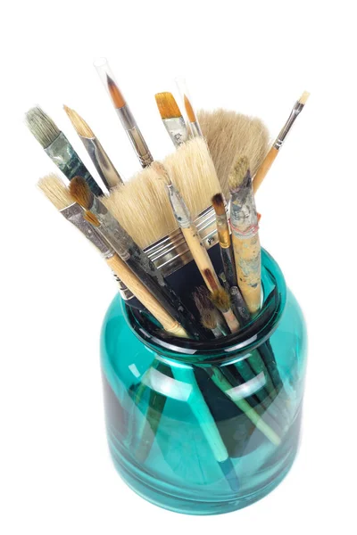 Various Professional Paint Brushes Green Glass Jar Isolated White Background — Stock Photo, Image