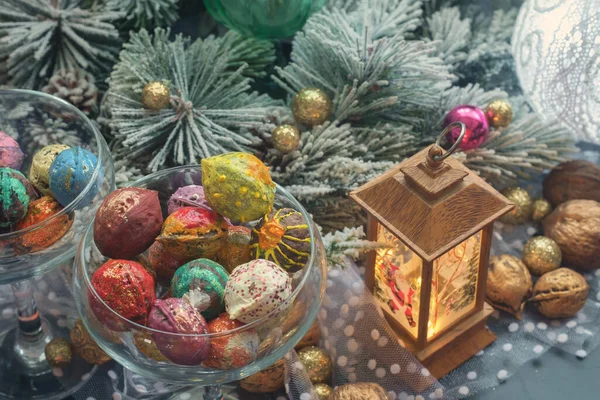 Décoration Noël Vacances Nature Morte Avec Des Noix Colorées Foyer — Photo