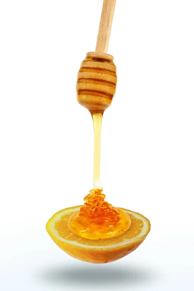 Honung Droppande Trä Honung Dipper Citron Skiva — Stockfoto