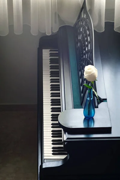 白色的玫瑰在黑色大钢琴上的蓝色玻璃瓶里 — 图库照片