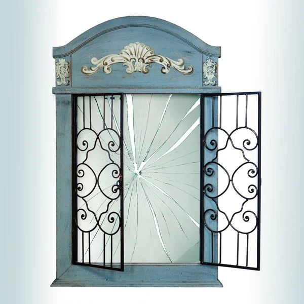 Разбитое Окно Винтажном Окне Открытыми Железными Решетками Защиты — стоковое фото