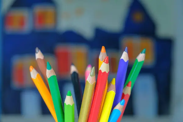Different Colors Drawing Pencils Blurred Painted Background — 스톡 사진