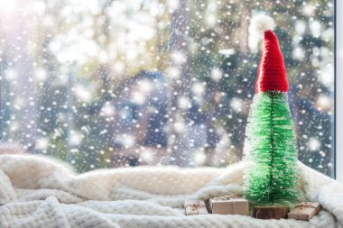 Güneşli bir günde pencerenin yanındaki Noel kompozisyonu.