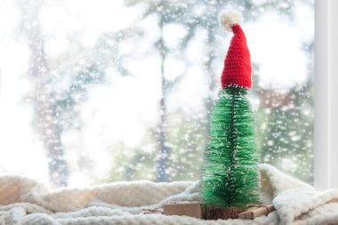 Güneşli bir günde pencerenin yanındaki Noel kompozisyonu.