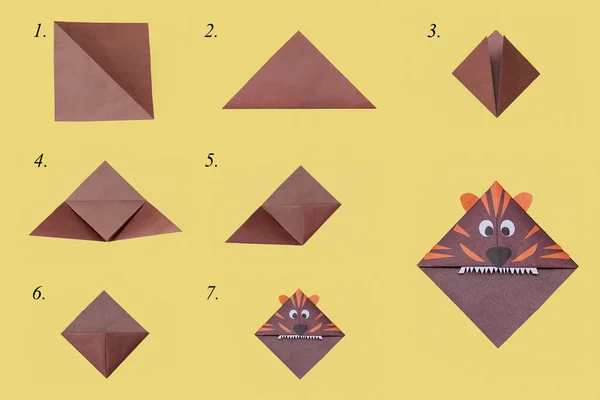 Lépéseket Hogy Origami Könyvjelző Szimbólum 2022 Újév Tigris Diy Koncepció — Stock Fotó