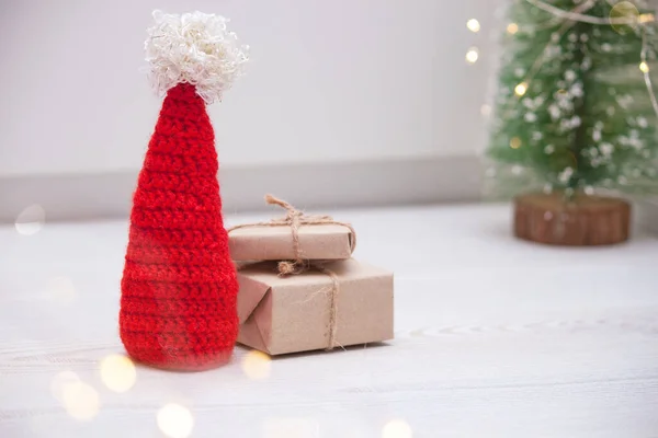 Christmas Composition Boxes Santa Hat Christmas Tree — Stock Photo, Image