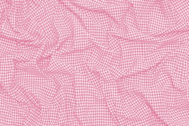 Pasifiğin buruşuk pembe ekose kumaş arka planına yakın çekim. Doku, tekstil konsepti.