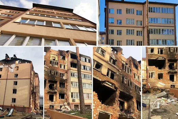 Rusya 'nın Irpen' deki Ukrayna 'ya saldırısından sonra yıkılan binanın kolaj fotoğrafı. Fotoğraflar önce ve sonra.
