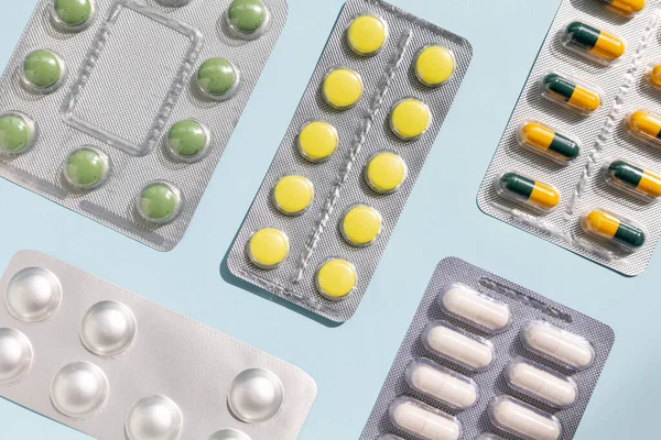 Flat Lay Different Blisters Pharmacy Pills — Φωτογραφία Αρχείου