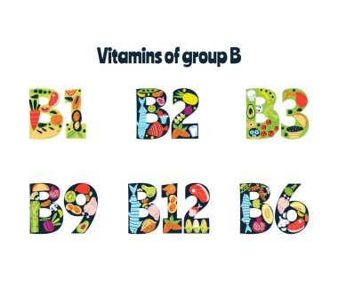 B vitamini grubu. Ana besin kaynakları, yiyecek. El çizimi bir vektör illüstrasyonu. Sağlıklı gıda konsepti.
