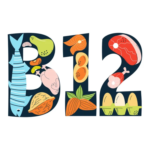 Vitamina B12 Principales Fuentes Alimentos Huevos Leche Pescado Ilustración Vectorial — Vector de stock