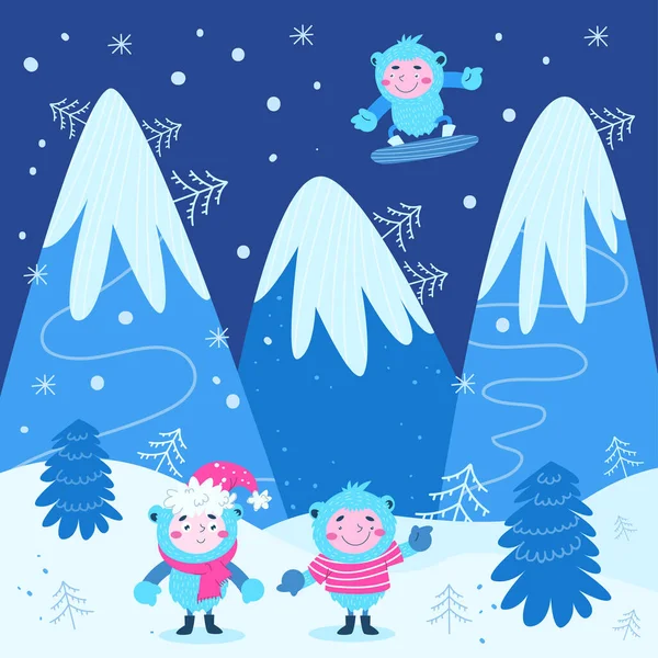 Two Cute Christmas Yeti Standing Clearing Mountains Stock Illustration