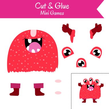 Kes ve Yapıştır. Anaokulu çocukları için eğitici bir oyun. Basit vektör illüstrasyonu.