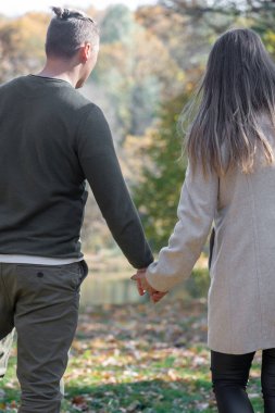 Aşk, ilişki, doğa konsepti. Soğuk ve güneşli bir sonbahar gününde, erkek ve kadının sırtından yakın plan çekimleri, bulanık doğa arka planında el ele tutuşur.