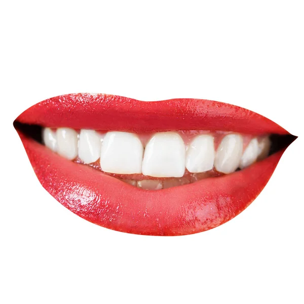 Klipp Kvinnliga Läppar Med Rött Läppstift Och Synliga Vita Tänder — Stockfoto