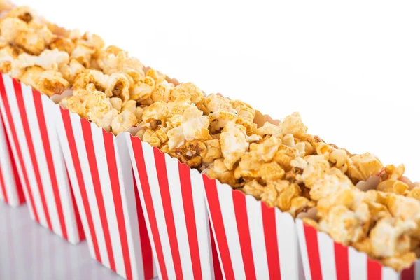 Popcorn Boxes White Red Stripes Full Sweet Caramel Popcorn White — Stock Photo, Image