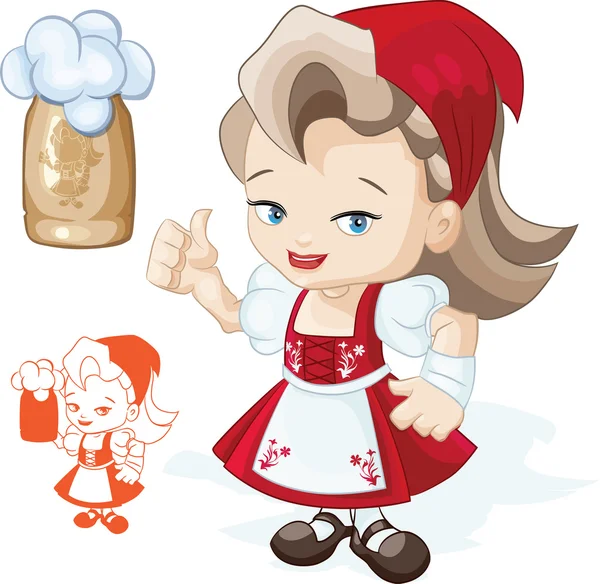 Cute blond young beergirl in red dirndl is showing thumbs-up sig — Stock Vector