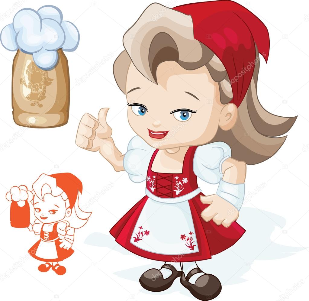 Cute blond young beergirl in red dirndl is showing thumbs-up sig