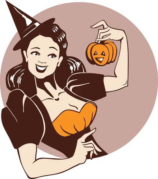 Laughing pretty girl in witch costume with pumpkin in pin up st — Stock Vector