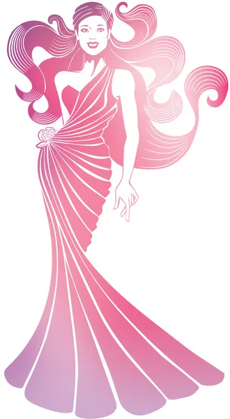 Smiling pretty girl in long flowing evening dress. — Stock Vector