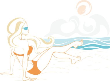 Young woman in swimming suit and sun glass is seating on the bea clipart