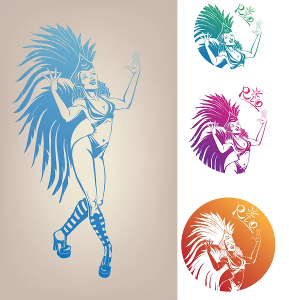 Ink linework dancing girl in carnival feather costume — Stock Vector