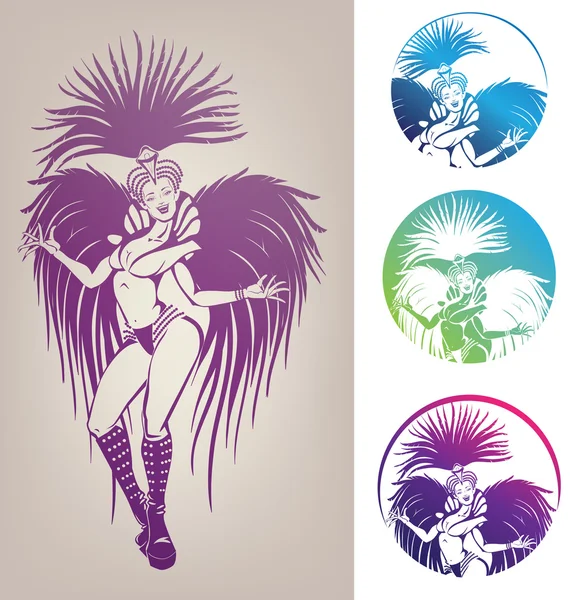 Ink linework dancing girl in carnival feather costume — Stock Vector
