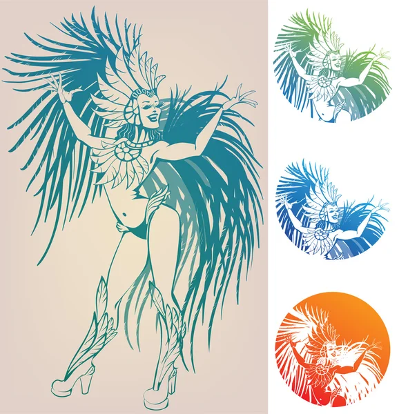 Tinta linework bailando chica en traje de pluma de carnaval — Vector de stock