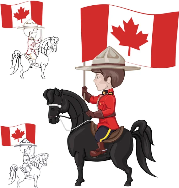 Mountie on horse with flag of Canada in hand — Stock Vector