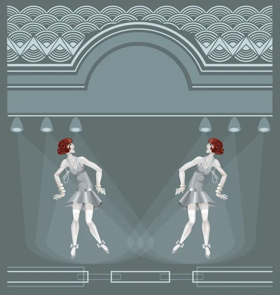 Zwei Flapper-Mädchen auf Art-Deco-Hintergrund — Stockvektor