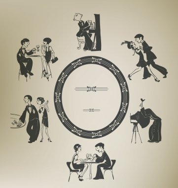 Set of characters in vintage party activities. Retro stylized. clipart